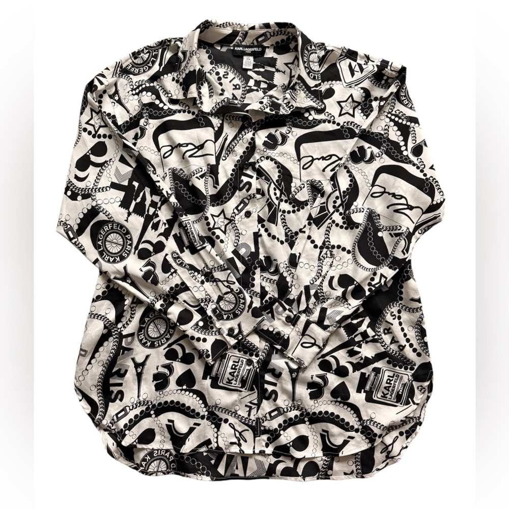 Karl Lagerfeld Paris Women’s Black & White Button-Down Blouse Size L